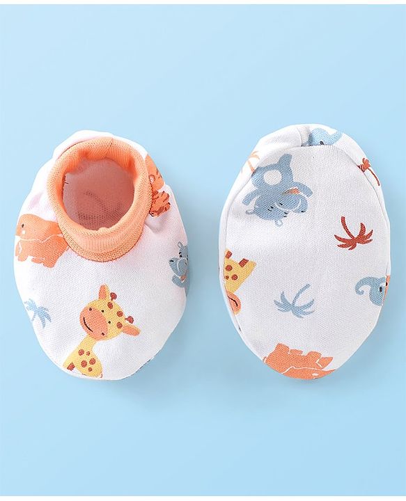 Babyhug 100% Cotton Knit Tiger Print Mittens & Booties - White