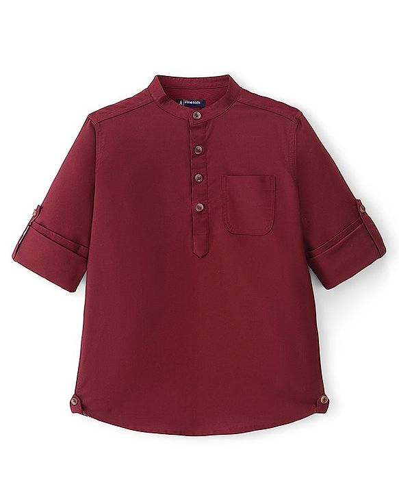 Pine Kids Full Sleeves Roll Up Kurta Shirt Solid Color - Red