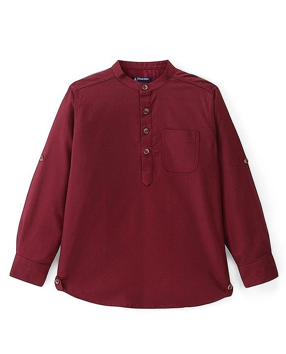Pine Kids Full Sleeves Roll Up Kurta Shirt Solid Color - Red