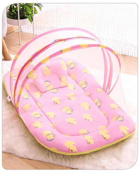 Babyhug Cotton Bedding Set with Mosquito Net Duck Print- Blue