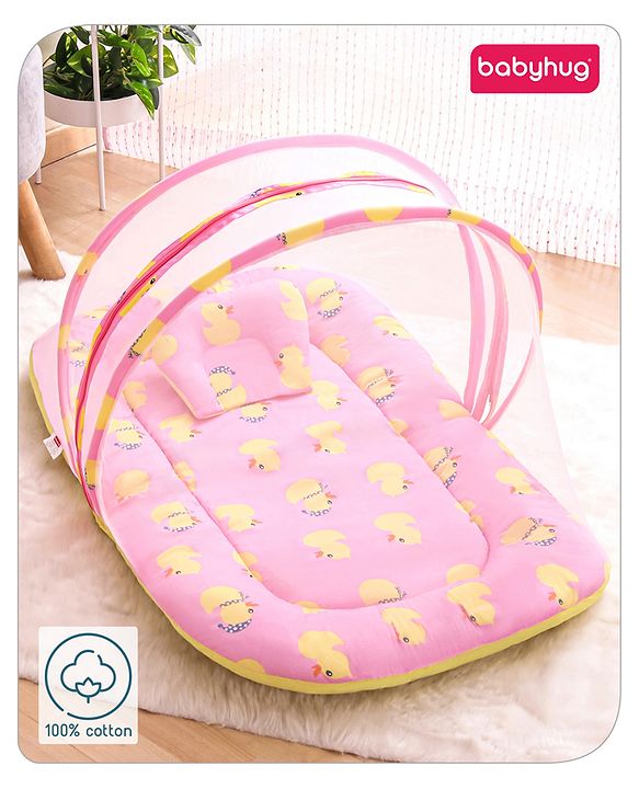 Babyhug Cotton Bedding Set with Mosquito Net Duck Print- Blue