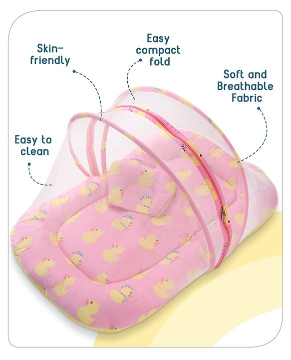 Babyhug Cotton Bedding Set with Mosquito Net Duck Print- Blue