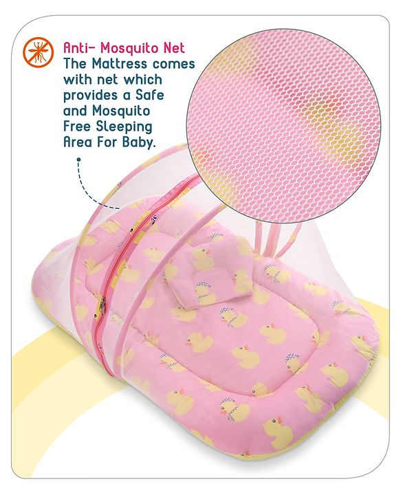 Babyhug Cotton Bedding Set with Mosquito Net Duck Print- Blue