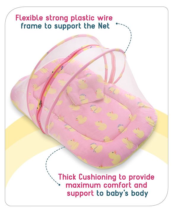 Babyhug Cotton Bedding Set with Mosquito Net Duck Print- Blue