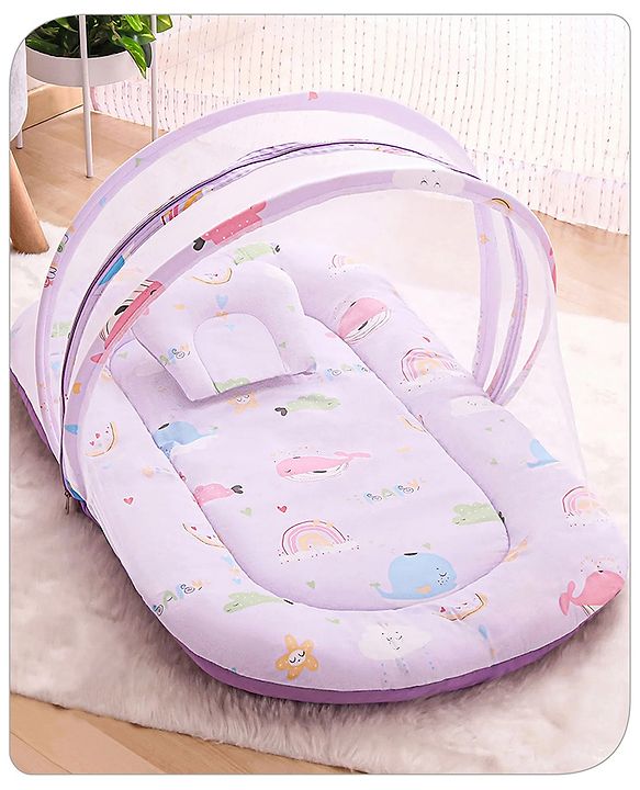 Babyhug Cotton Bedding Set with Mosquito Net Duck Print- Blue