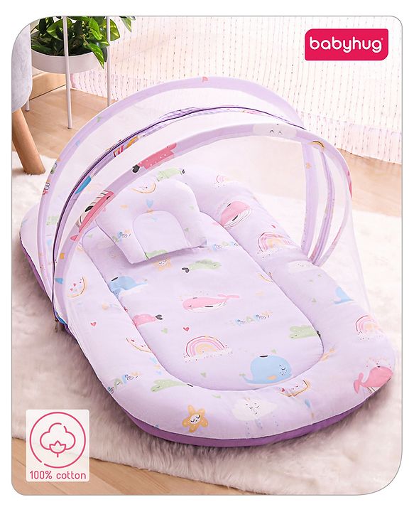 Babyhug Cotton Bedding Set with Mosquito Net Duck Print- Blue