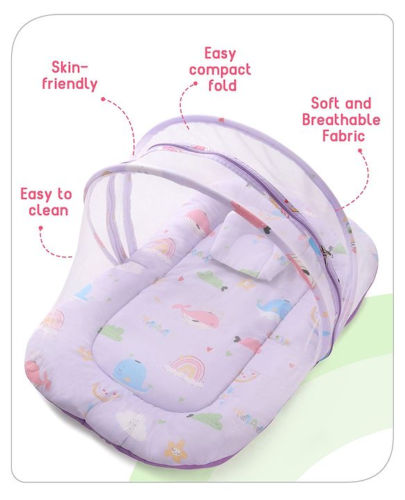 Babyhug Cotton Bedding Set with Mosquito Net Duck Print- Blue