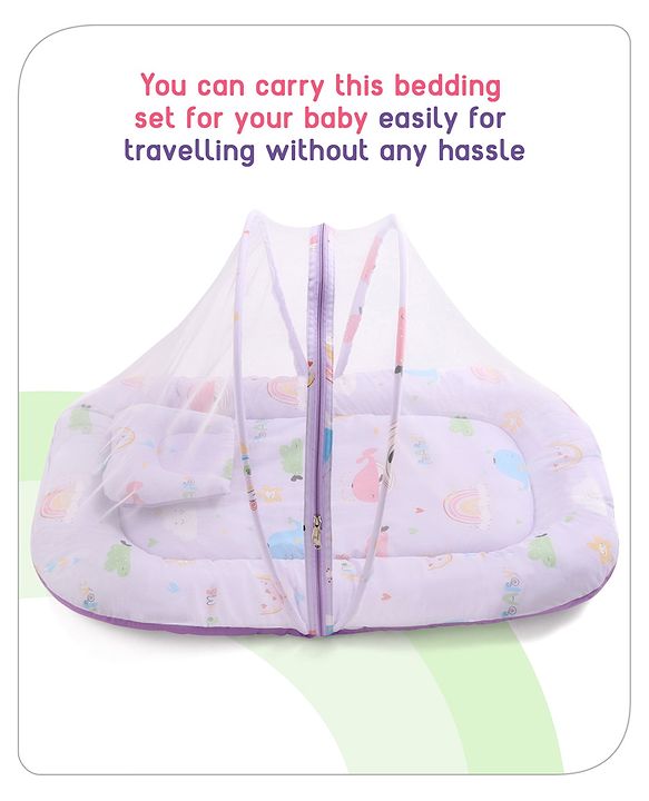 Babyhug Cotton Bedding Set with Mosquito Net Duck Print- Blue