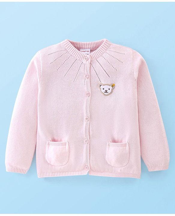 Babyhug Cotton Knitted Full Sleeves Sweater With Bear Applique - Pink