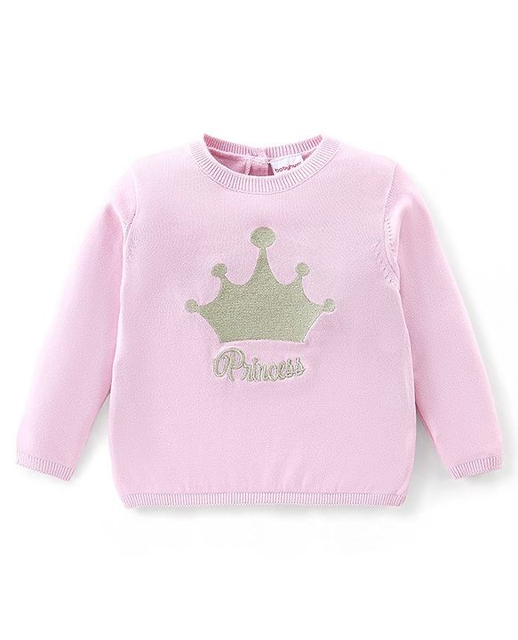 Babyhug Cotton Knit Full Sleeves Sweater with Crown Design - Pink
