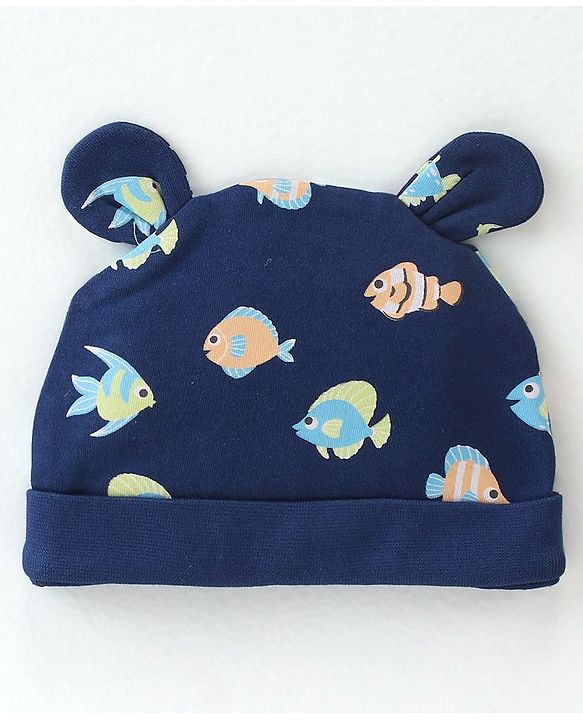 Babyhug 100% Cotton Knit Cap Marine Life Print - Navy Blue