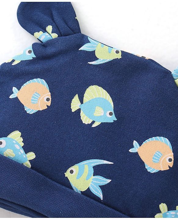 Babyhug 100% Cotton Knit Cap Marine Life Print - Navy Blue