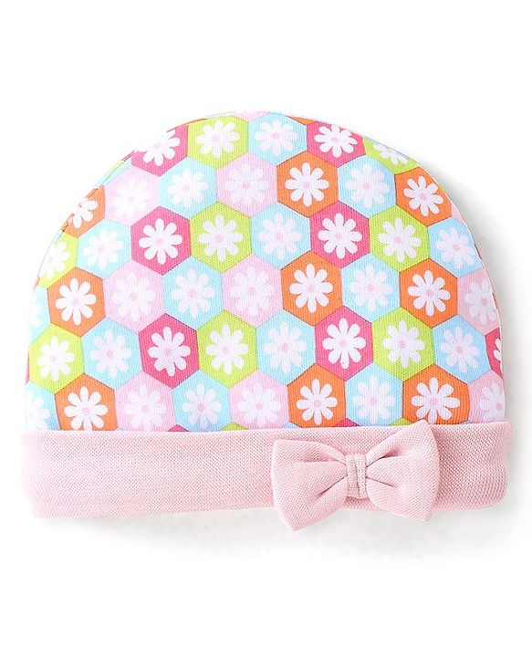 Babyhug 100% Cotton Knit Cap Floral Printed with Bow Applique- Pink