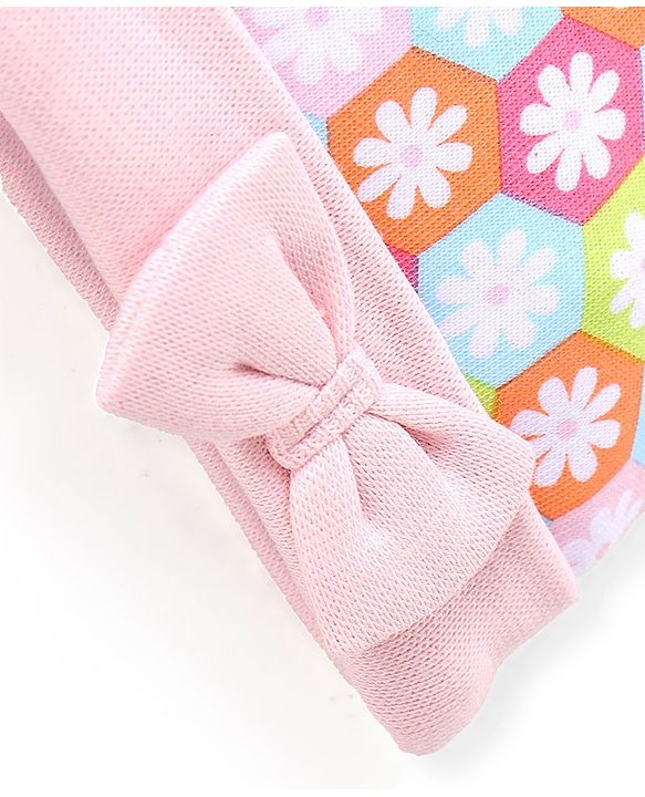 Babyhug 100% Cotton Knit Cap Floral Printed with Bow Applique- Pink