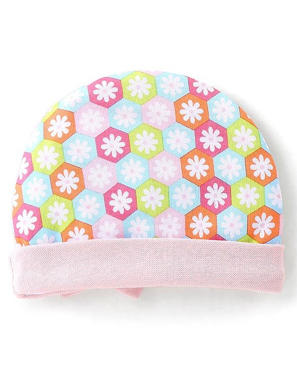 Babyhug 100% Cotton Knit Cap Floral Printed with Bow Applique- Pink