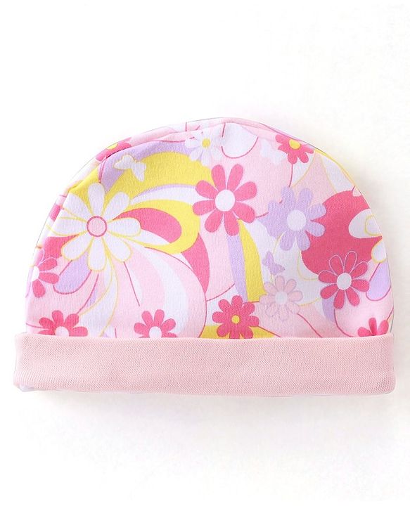Babyhug 100% Cotton Knit Cap Floral Print - Pink