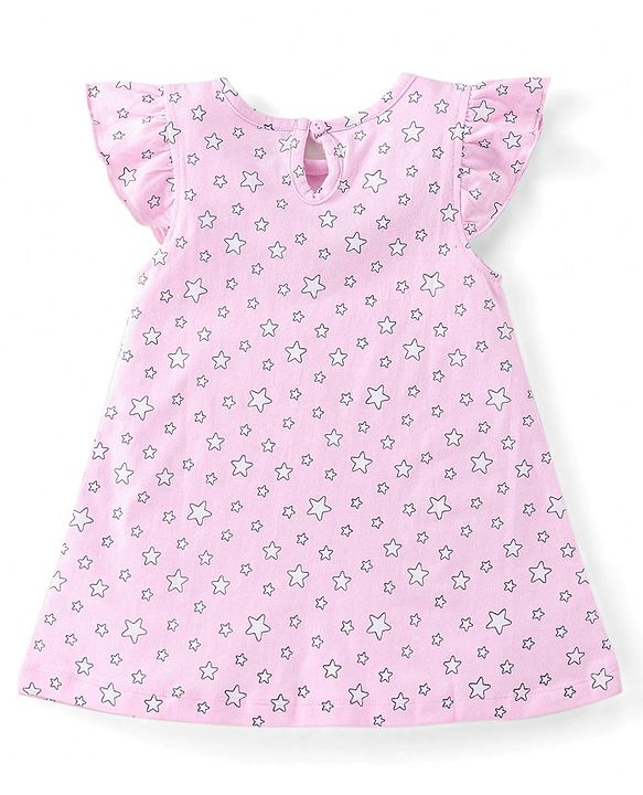Babyhug Cotton Knit Frill Sleeves Nighty with Stars Print - Pink