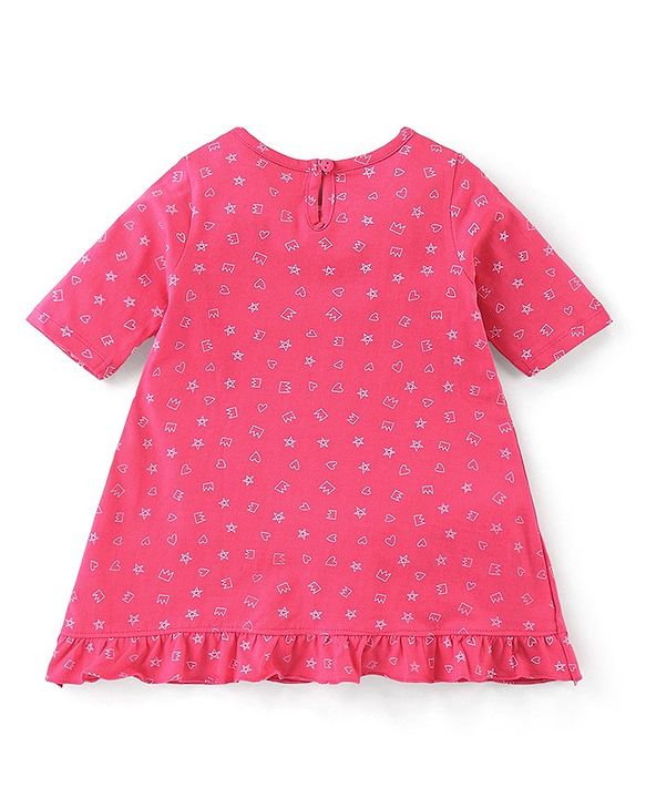 Babyhug Cotton Knit Three Fourth Sleeves Butterfly Printed Night Suit - Pink