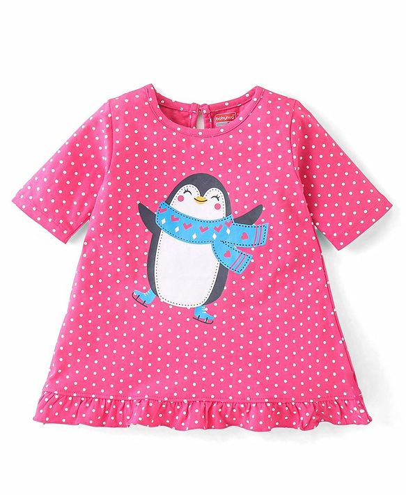 Babyhug Cotton Knit Three Fourth Sleeve Nighty With Penguin Print - Pink