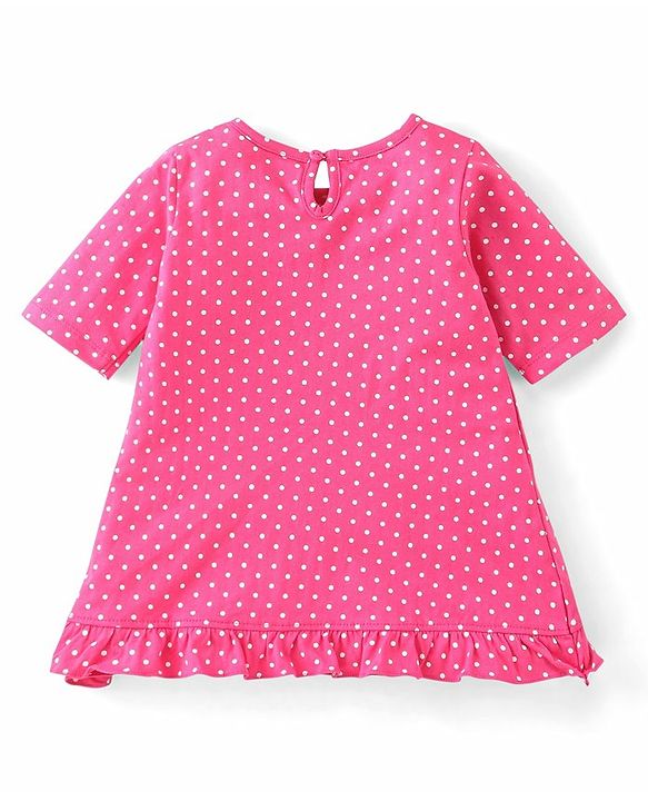 Babyhug Cotton Knit Three Fourth Sleeve Nighty With Penguin Print - Pink