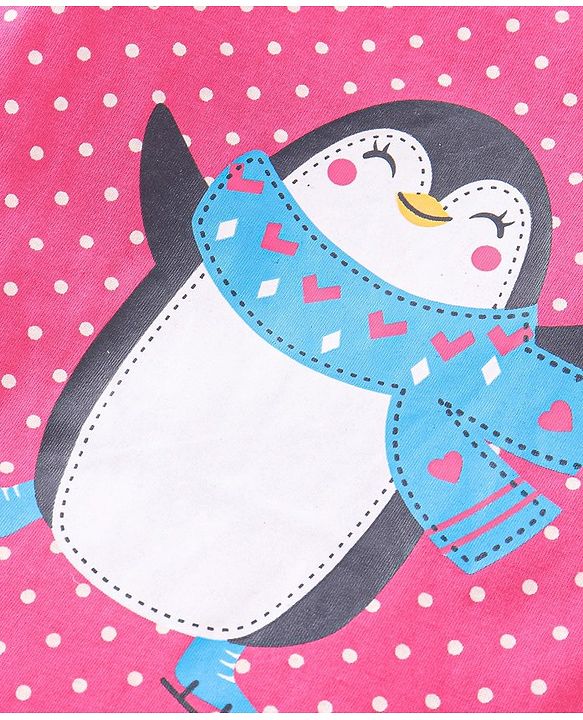 Babyhug Cotton Knit Three Fourth Sleeve Nighty With Penguin Print - Pink