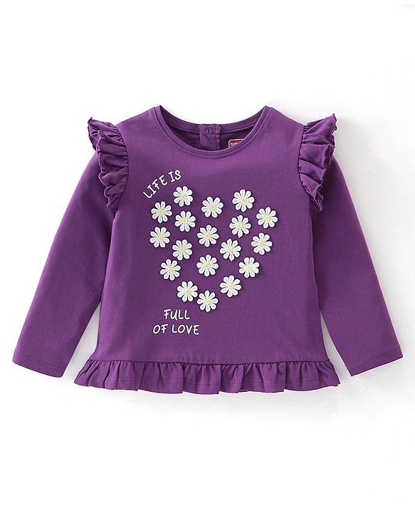Babyhug Cotton Full Sleeves T-Shirt with Flower Appliques & Frill Detailing - Purple