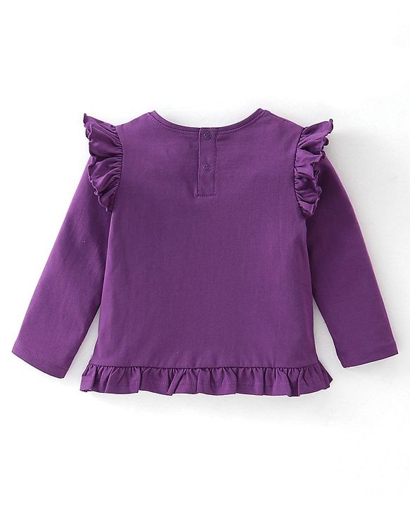 Babyhug Cotton Full Sleeves T-Shirt with Flower Appliques & Frill Detailing - Purple