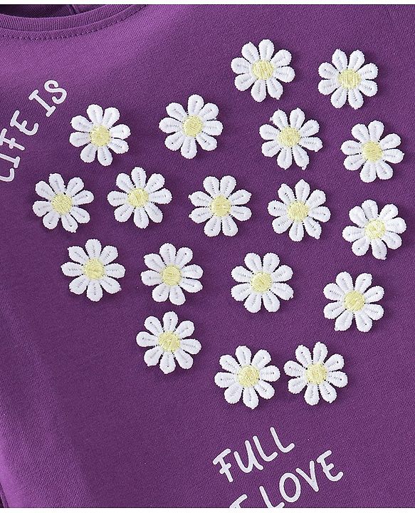 Babyhug Cotton Full Sleeves T-Shirt with Flower Appliques & Frill Detailing - Purple
