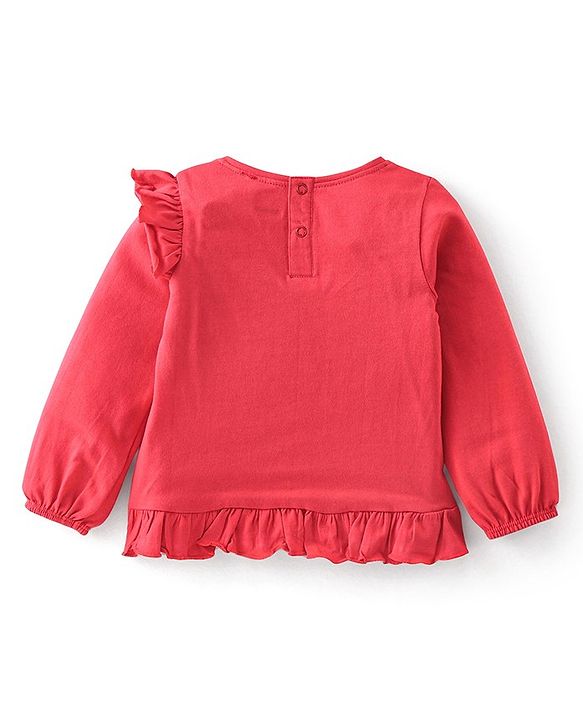 Babyhug 100% Cotton Knit Full Sleeves Top WIth Frill Detailing Floral Print - Red