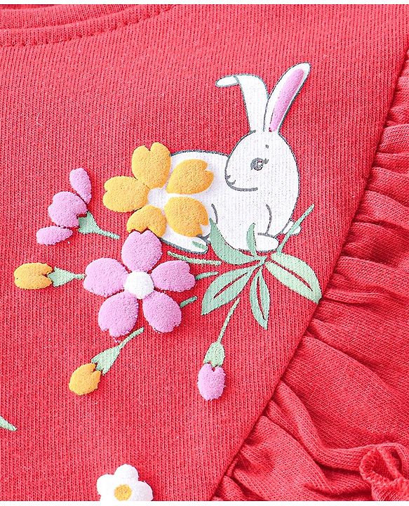 Babyhug 100% Cotton Knit Full Sleeves Top WIth Frill Detailing Floral Print - Red