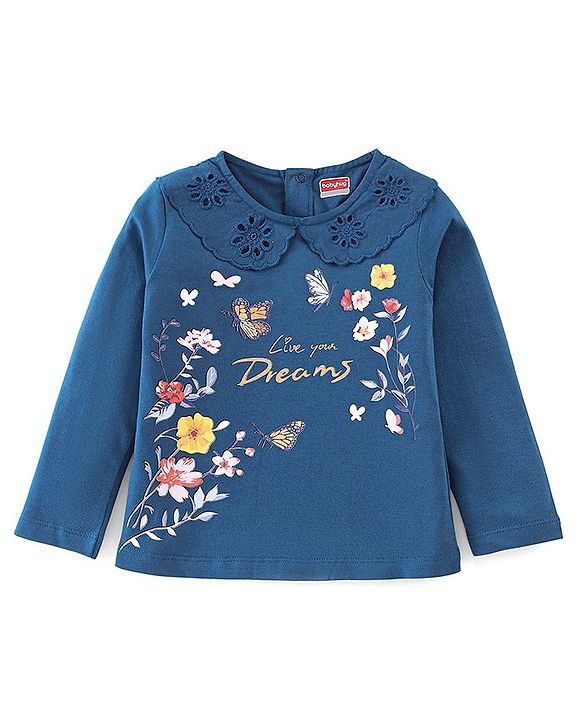Babyhug 100% Cotton Knit Full Sleeves T-Shirt with Floral Graphics - Navy Blue