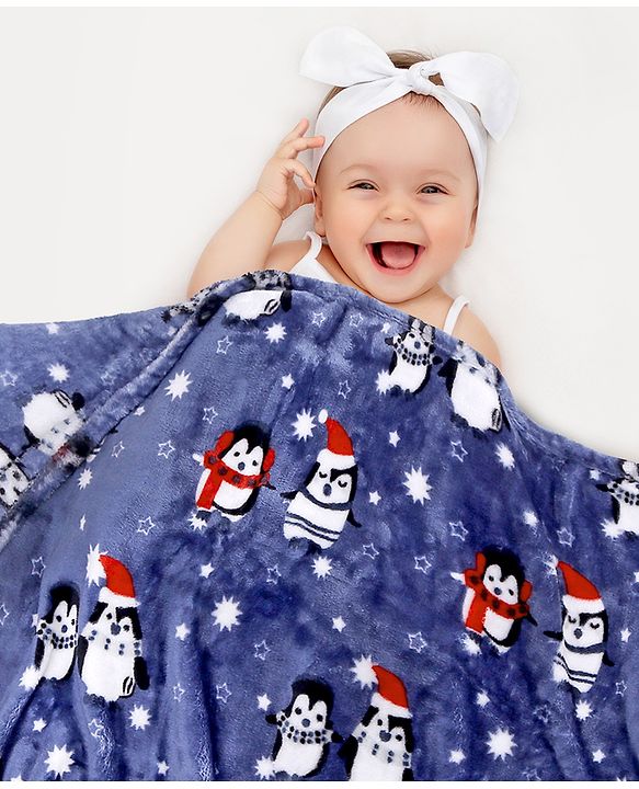 Babyhug Premium Penguin Print Coral Blanket- Navy Blue