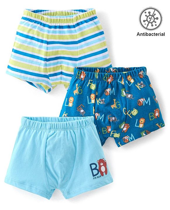 Babyhug 100% Cotton Antibacterial Trunk Briefs Stripes & Lion Print Pack of 3- Blue & Green