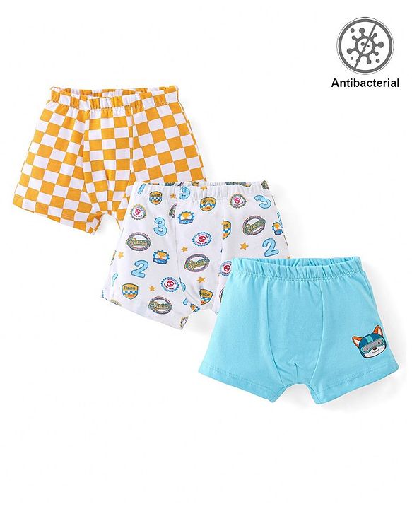Babyhug 100% Cotton Antibacterial Trunk Briefs Checks & Fox Print Pack of 3- Blue White & Yellow
