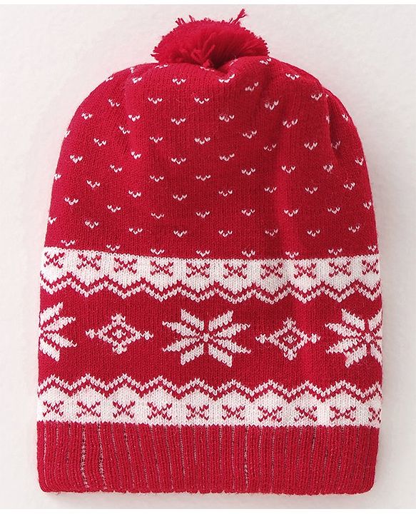 Babyhug Woollen Cap Floral Design - Red