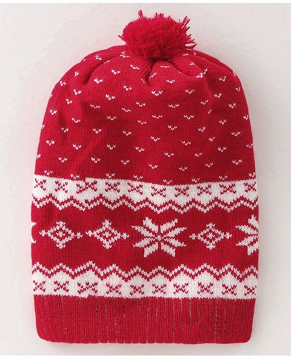 Babyhug Woollen Cap Floral Design - Red