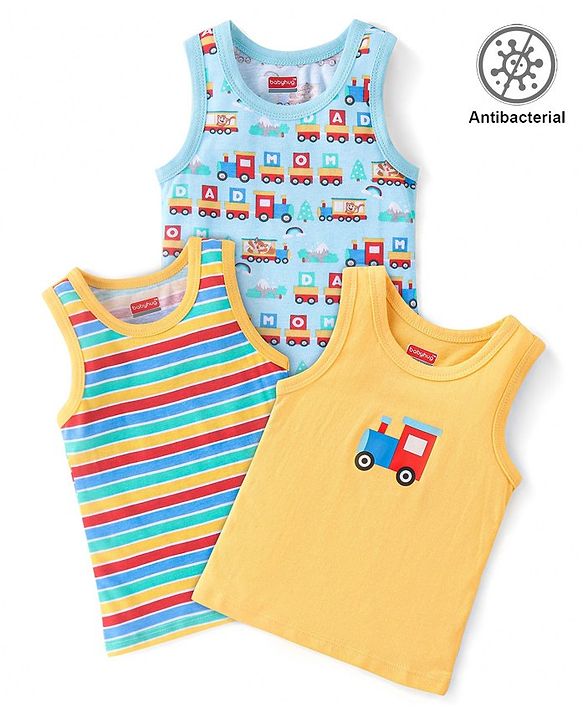 Babyhug 100% Cotton Sleeveless Antibacterial Sando Vests Stripes & Train Print Pack of 3 - Blue Red & Yellow