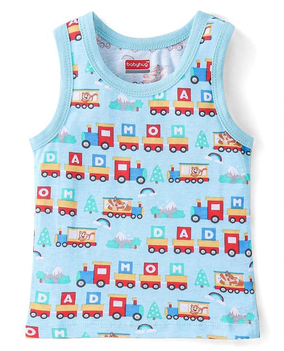 Babyhug 100% Cotton Sleeveless Antibacterial Sando Vests Stripes & Train Print Pack of 3 - Blue Red & Yellow