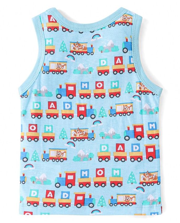 Babyhug 100% Cotton Sleeveless Antibacterial Sando Vests Stripes & Train Print Pack of 3 - Blue Red & Yellow