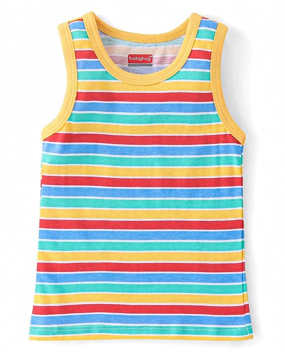 Babyhug 100% Cotton Sleeveless Antibacterial Sando Vests Stripes & Train Print Pack of 3 - Blue Red & Yellow