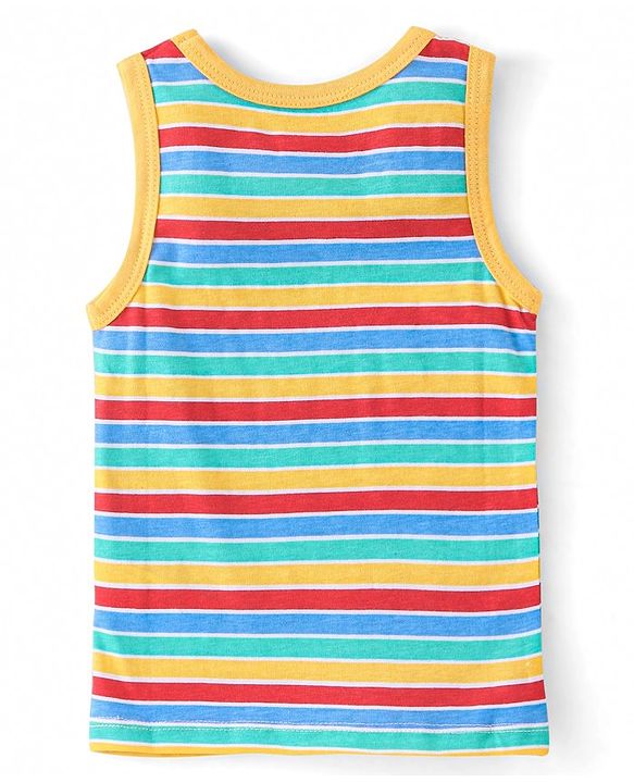 Babyhug 100% Cotton Sleeveless Antibacterial Sando Vests Stripes & Train Print Pack of 3 - Blue Red & Yellow