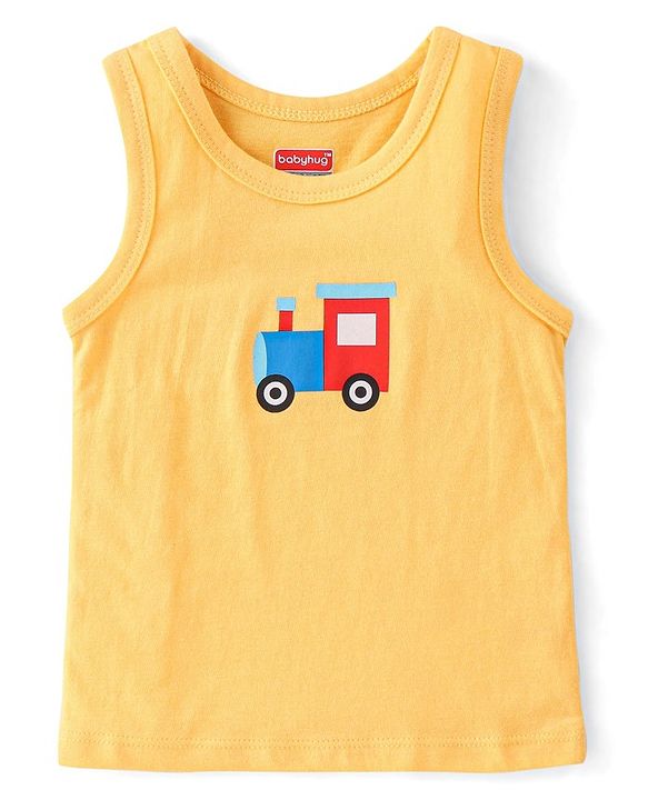 Babyhug 100% Cotton Sleeveless Antibacterial Sando Vests Stripes & Train Print Pack of 3 - Blue Red & Yellow