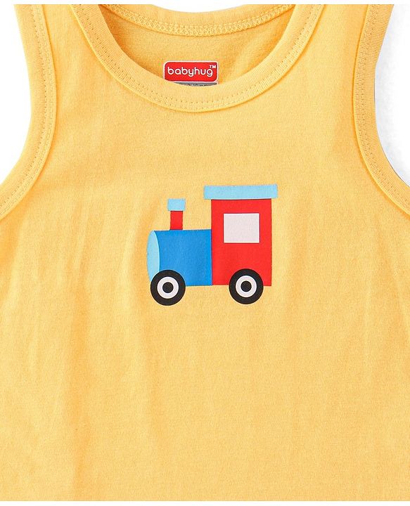 Babyhug 100% Cotton Sleeveless Antibacterial Sando Vests Stripes & Train Print Pack of 3 - Blue Red & Yellow