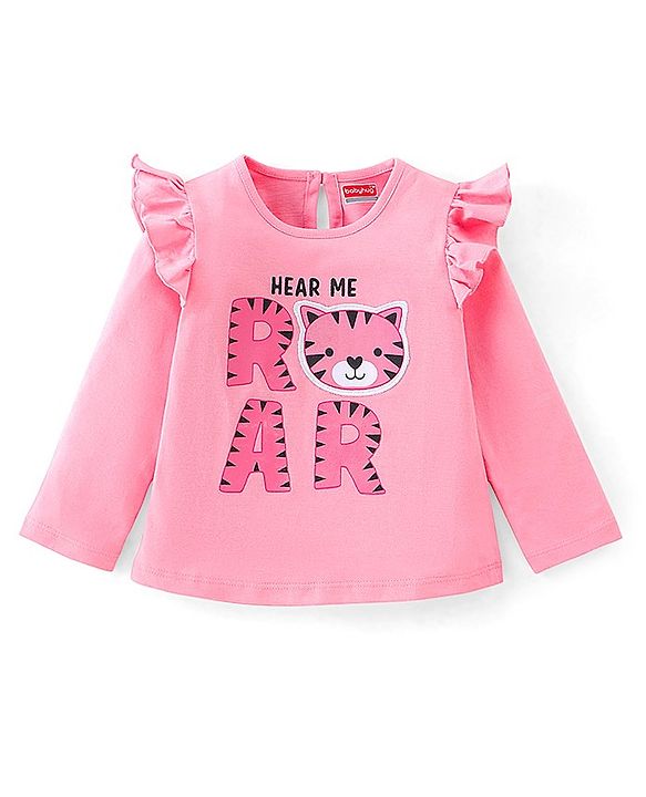 Babyhug 100% Cotton Full Sleeves T-Shirt With Frill & Marrowing Detailing & Tiger Print - Pink