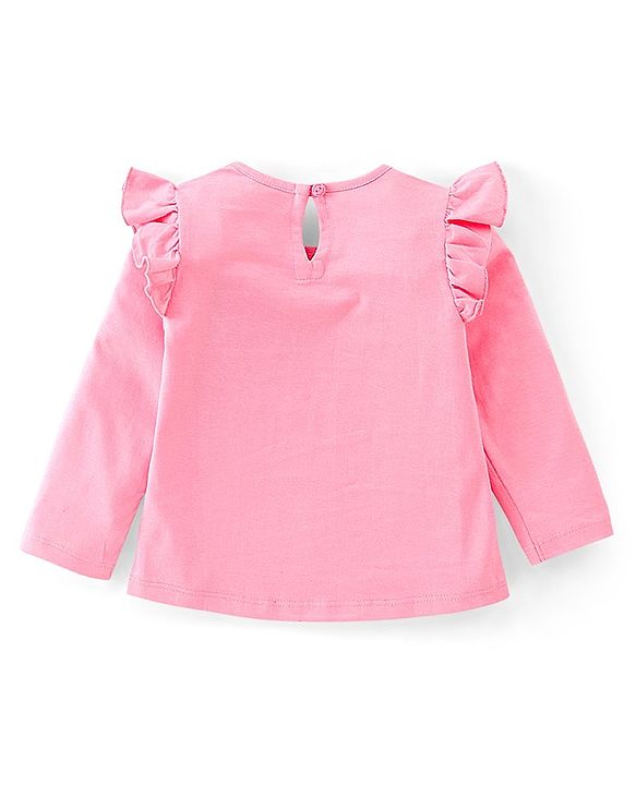 Babyhug 100% Cotton Full Sleeves T-Shirt With Frill & Marrowing Detailing & Tiger Print - Pink