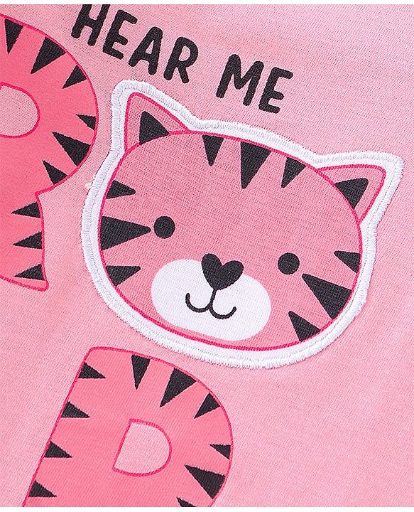 Babyhug 100% Cotton Full Sleeves T-Shirt With Frill & Marrowing Detailing & Tiger Print - Pink