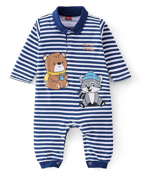 Babyhug 100% Cotton Knit Full Sleeves Striped Romper - Navy