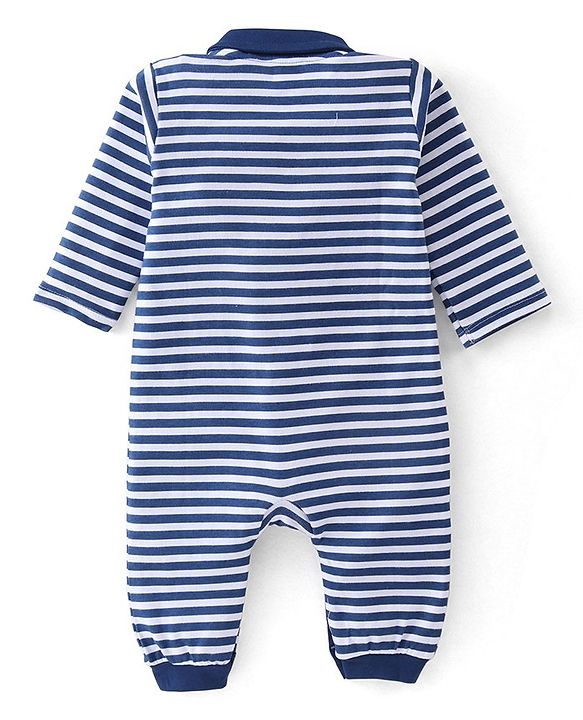 Babyhug 100% Cotton Knit Full Sleeves Striped Romper - Navy