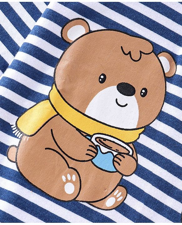 Babyhug 100% Cotton Knit Full Sleeves Striped Romper - Navy