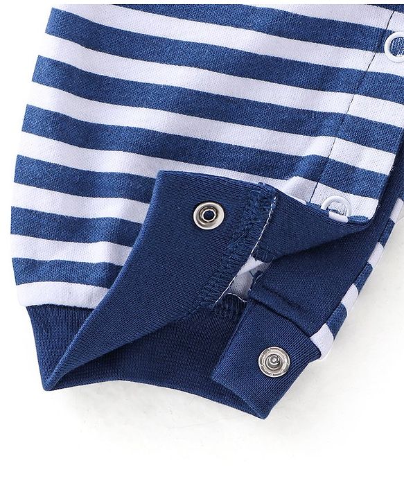 Babyhug 100% Cotton Knit Full Sleeves Striped Romper - Navy